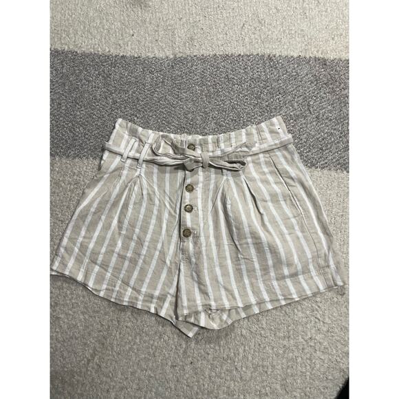 Abercrombie & Fitch Linen Cotton Button Shorts Womens Medium Tan White Stripes - Picture 1 of 11